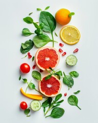 Naklejka premium Healthy Food Photography Surplus Calorie Combinations with Fruits and Vegetables on Diverse Backgrounds