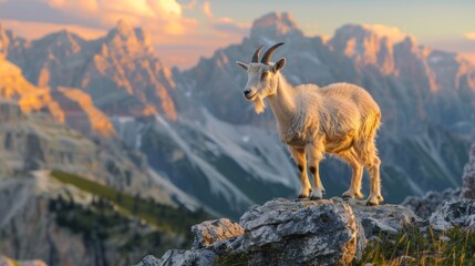 Obraz premium Mountain goat standing on rocky cliff with scenic view