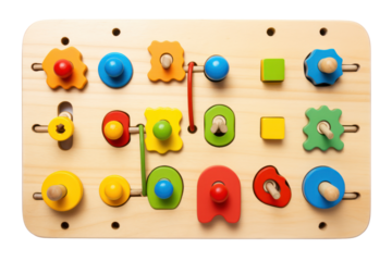 stimulating and educational wooden activity board with various knobs, latches, and shapes, isolated on white background