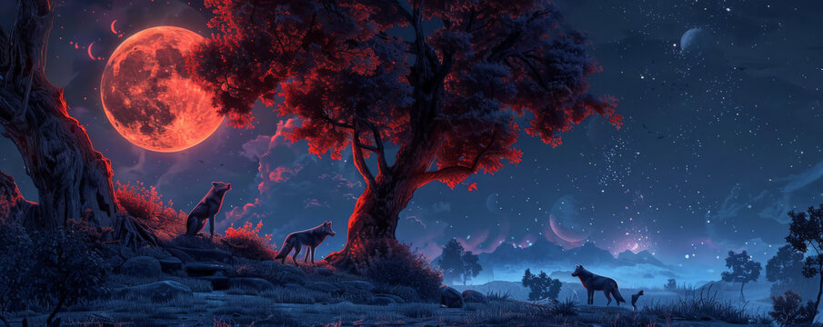 An enchanting night scene with a wolf pack gathered under the blood moon during a lunar eclipse, the red moonlight adding a sense of magic and mystery to the scene.