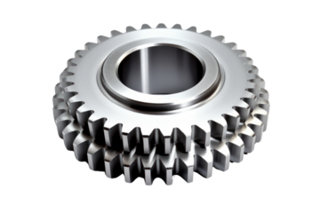steel gear, its teeth interlocking perfectly, symbolizing precision and machinery, isolated on a white background.