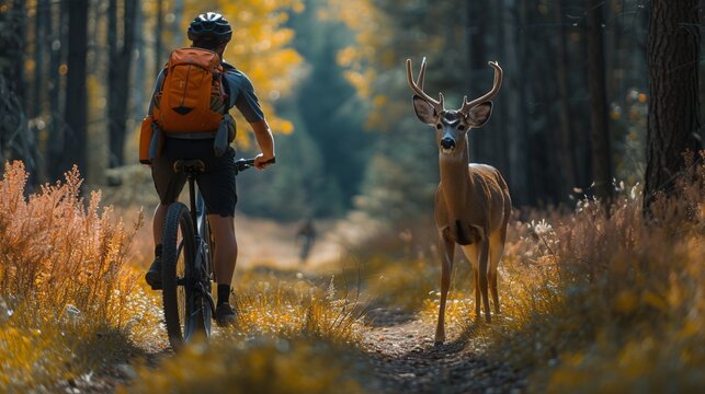 A cyclist rides through a serene forest path in autumn, as a curious deer approaches. The warm colors of fall create a picturesque outdoor scene.