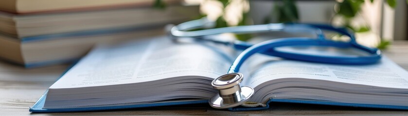 A medical stethoscope resting on an open book, symbolizing the connection between healthcare and education in a serene and natural setting.