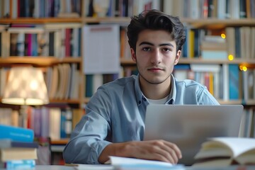 Young Man Studying in a Library with a Laptop, Illustration