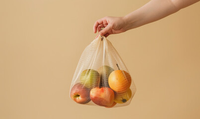 Hand holding eco-friendly fabric bag with various fresh vegetables and fruits