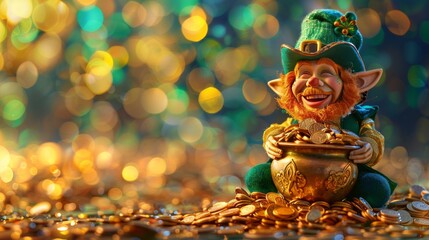 Fototapeta premium Cheerful leprechaun with a pot of gold and glitter at Happy St Patrick's Day