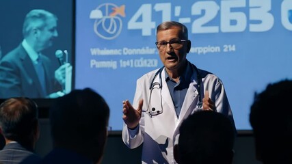 Doctor or scientist speaking on stage by conference, public, Guest, talk or seminar for presentation on health, wellness or innovation with medical drugs business education concept