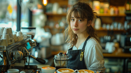young barista working in a modern cafe, preparing coffee with a professional espresso machine, displaying a calm and focused demeanor