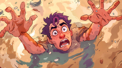 Young man is sinking in quicksand and trying to free himself