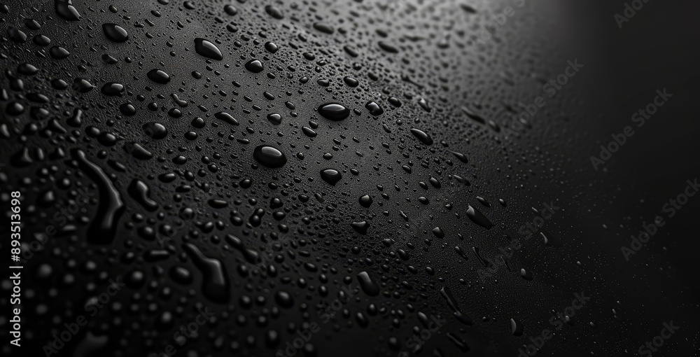 Poster a macro and side view of water droplets on a black background and texture