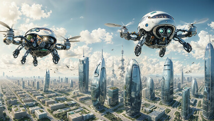 Ecological cities, flying robots, future. Ecological system, green cities