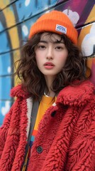 Urban Chic: A young woman with captivating eyes and a trendy orange beanie poses against a vibrant graffiti wall, embodying modern style and urban cool.
