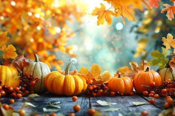 Thanksgiving or autumn scene with pumpkins, autumn leaves and berries on wooden table. Autumn background with copy space. Banner