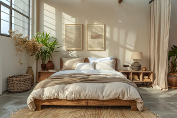 Minimalist bedroom design with environmentally friendly materials. The bamboo bed frame and natural fiber rugs create an eco-friendly feel. Large windows and indoor flowers