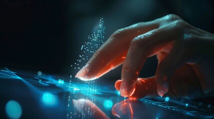 Fototapeta premium Closeup of Young Hand Using Trade Finance Technology with Blurred Business Attire in Modern Setting
