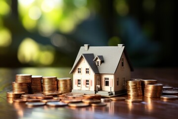 Coins with an actual house model architecture building money.