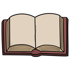Hand drawn cartoon open book on white background.