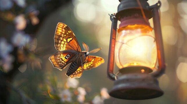Illustration of a moth flying near a lantern with ample copy space, vibrant colors, and professional design
