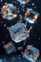 Flying melting ice cubes soaring through the air on dark background