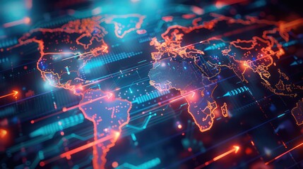 dynamic display of global investment flows, with digital arrows zooming between countries and continents on a glowing world map