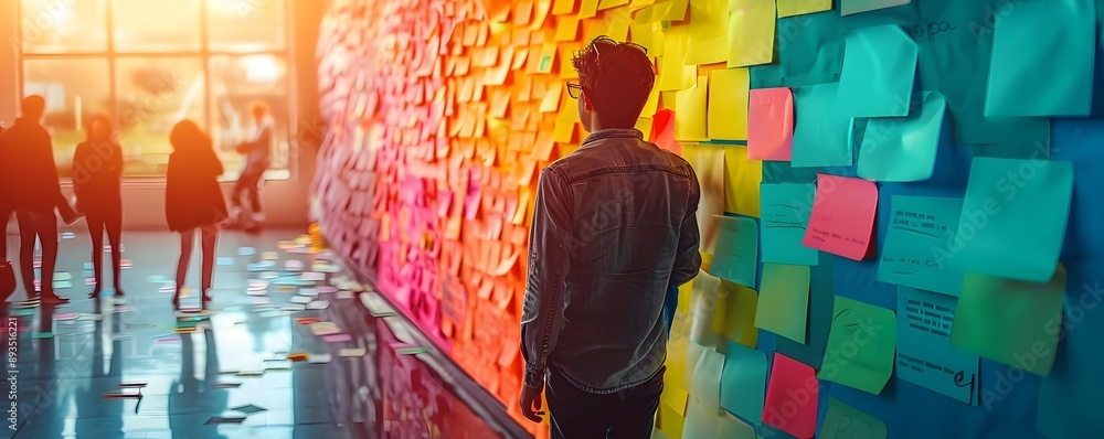 Poster vibrant brainstorming session with colorful sticky notes in dynamic office environment
