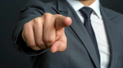 Close-up of a man in a suit pointing directly at the camera, emphasizing the gesture with a firm and direct expression.