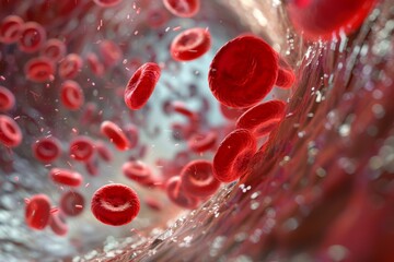 Red blood cells in vein. Blood cells flowing through a capillary bloodstream. Medicine and biology