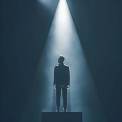 Obraz premium Businessman on Podium Receiving Accolades Under Spotlight Business Success and Achievement Concept