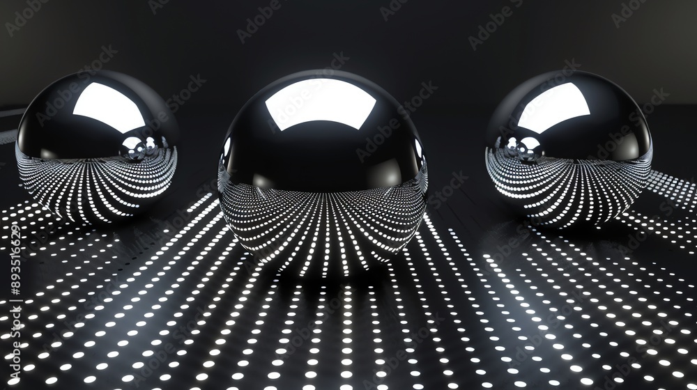 Aufkleber three chrome spheres sit on a black surface with a pattern of white dots that creates a distorted re