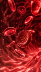 Red blood cells in vein. Blood cells flowing through a capillary bloodstream. Medicine and biology