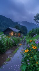 tranquil evening at grass hill with cozy hut and flower blossom wallpaper