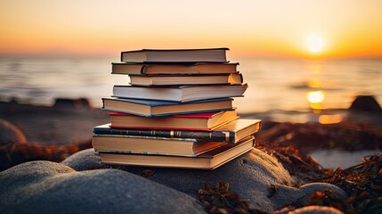 A stack of books on the beach at sunset
