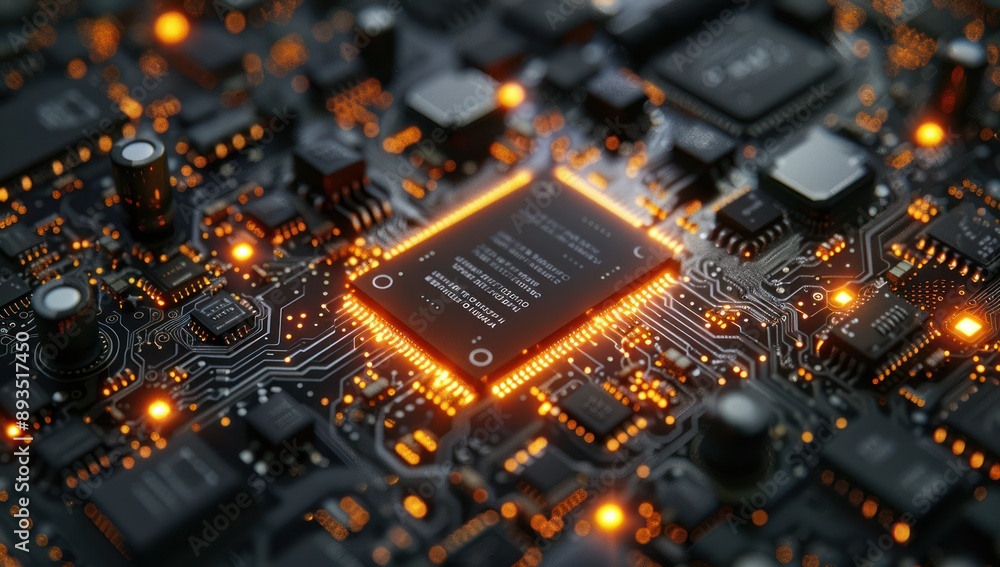 Poster close-up of a computer circuit board with glowing components
