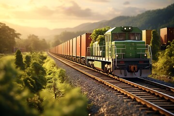 Obraz premium Freight train with containers on the background of green mountains. 3d rendering