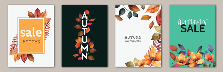 Set of autumn floral backgrounds set with orange lives. For SALE banner, wedding invitation card, posters, cover design templates, social media stories wallpapers