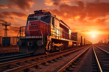 Obraz premium Freight train at sunset. Freight transportation of goods by rail.