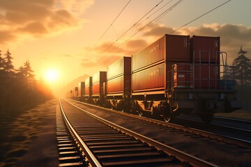 Obraz premium Freight train at sunset. Freight transportation of goods by rail.