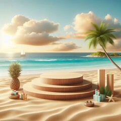 Obraz premium Beach podium summer background sand product 3D sea display platform. Beach podium summer banner stand scene sale sky holiday vacation stage water island sun travel pedestal promotion presentation ad