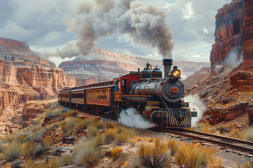 Naklejka premium Historical Journey: Steam Locomotive Chugging Low Through Historic Areas