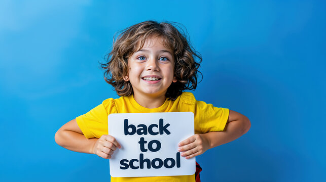 a smiling child holds a sign with the text "back to school" - blue background