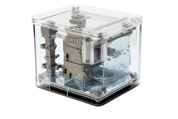 sleek, modern water tank made from clear acrylic, showcasing the water level and intricate plumbing inside. Isolated on white background