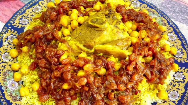 Traditional moroccan couscous with with caramelised onion