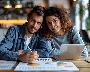 Young Couple Focused on Financial Planning Goals on Tablet at Workspace