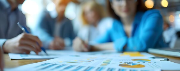 Business team collaboratively reviewing annual financial reports for strategic planning and corporate growth