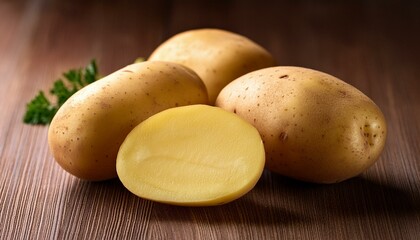 Culinary Staples: Whole and Sliced Raw Potatoes on Display"