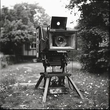 An old photography camera machine depicted on an old 1800s photograph, depicted by AI