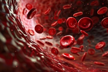 Red blood cells in vein. Blood cells flowing through a capillary bloodstream. Medicine and biology