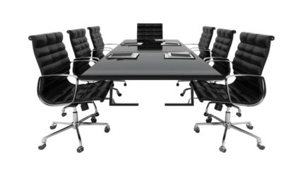 An office conference table with black chair in a frontal view isolated on transparent background