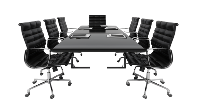 An office conference table with black chair in a frontal view isolated on transparent background