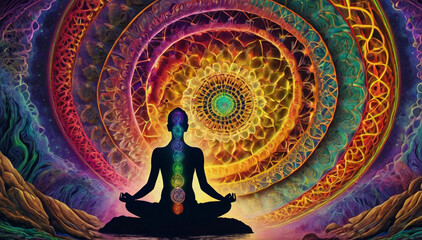 A person meditating in a yoga pose, with seven glowing chakra points on their body. Surrounded by vibrant energy patterns the background represents the vast universe, energy, and tranquility.